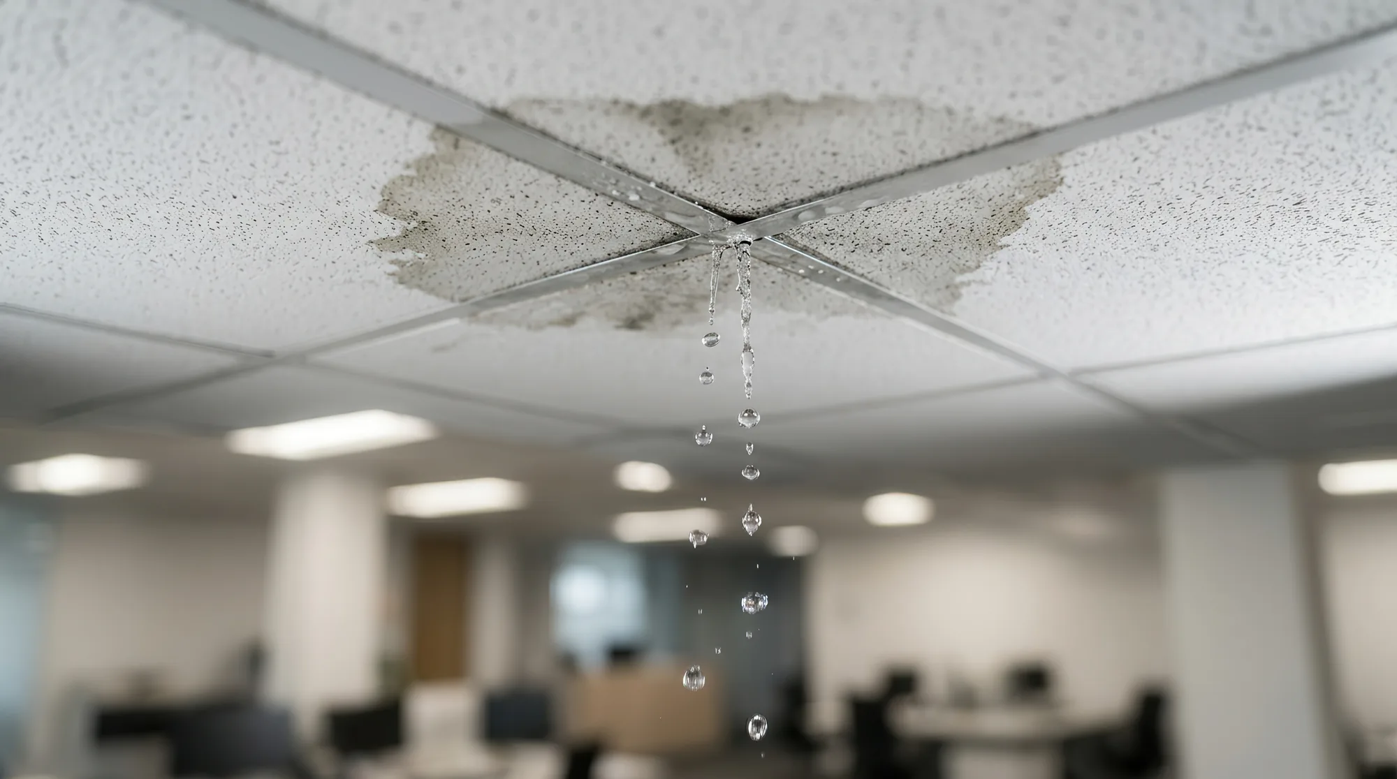 Wasser tropft aus einer durchfeuchteten Decke
